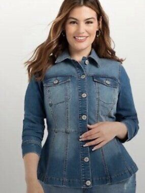 Eloquii Elements Plus Size Distressed Peplum Denim Jacket.